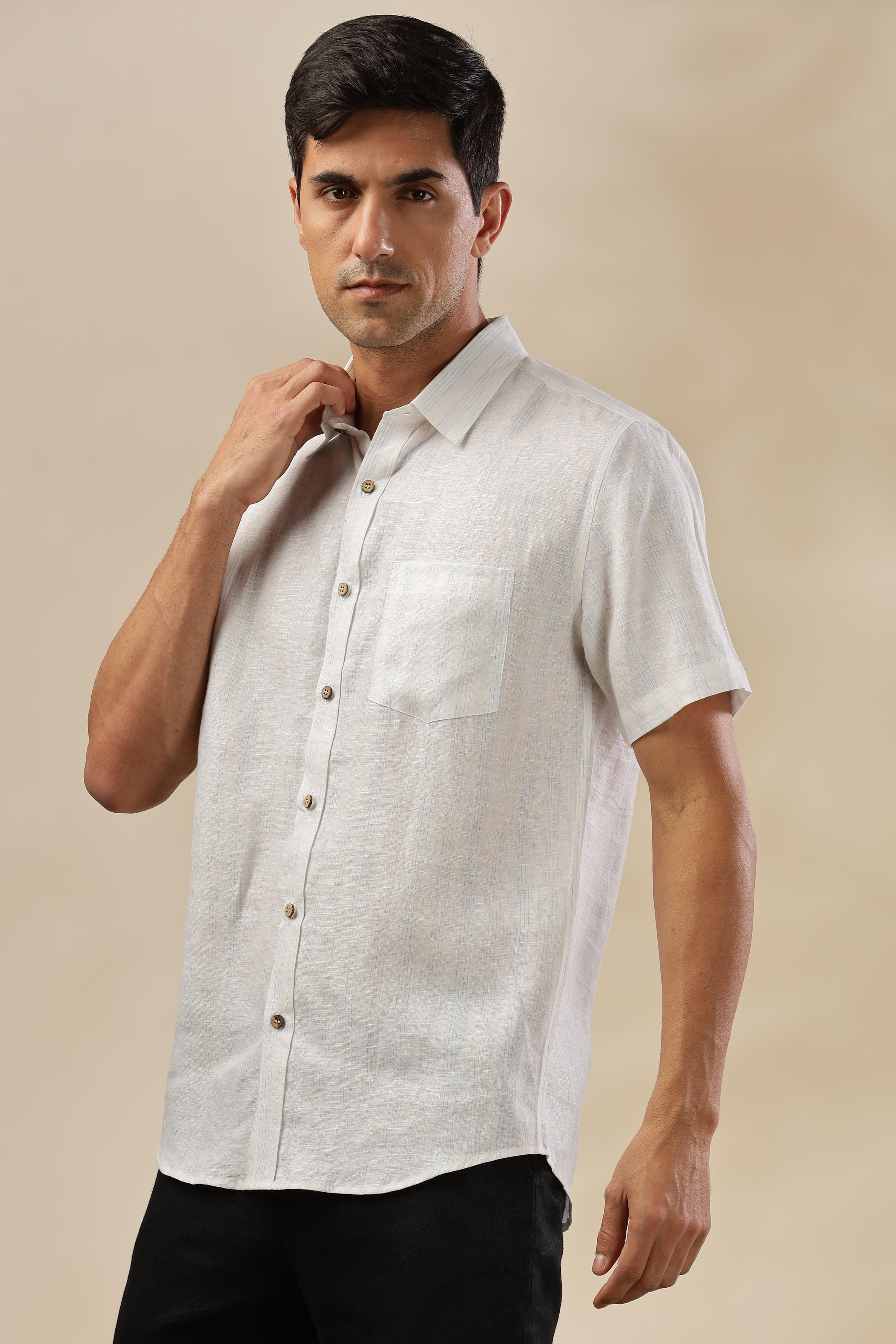 MARK - Everyday Essential 100 % Pure Linen Blue & Grey Stripe Shirt Short Sleeves