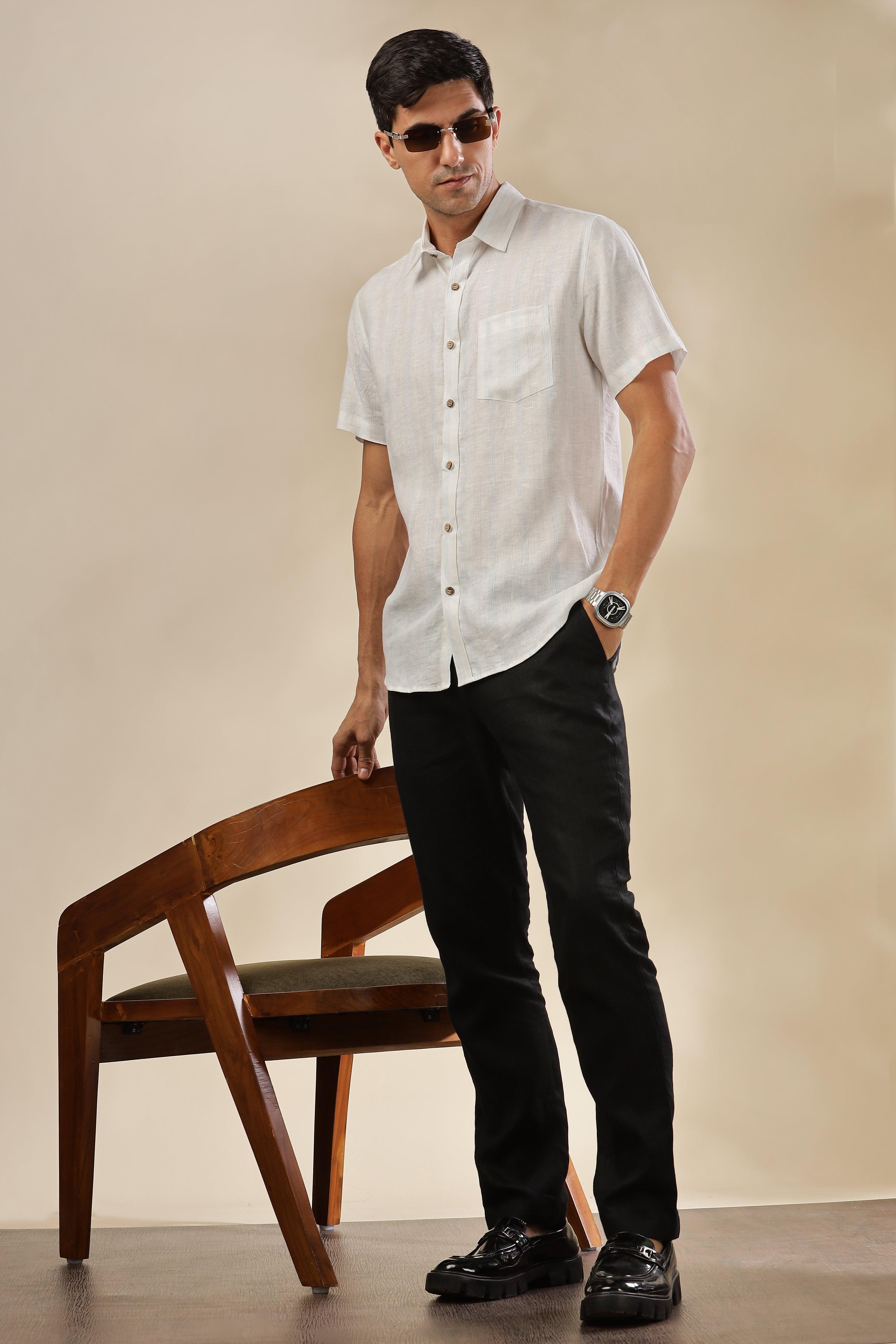 MARK - Everyday Essential 100 % Pure Linen Blue & Grey Stripe Shirt Short Sleeves