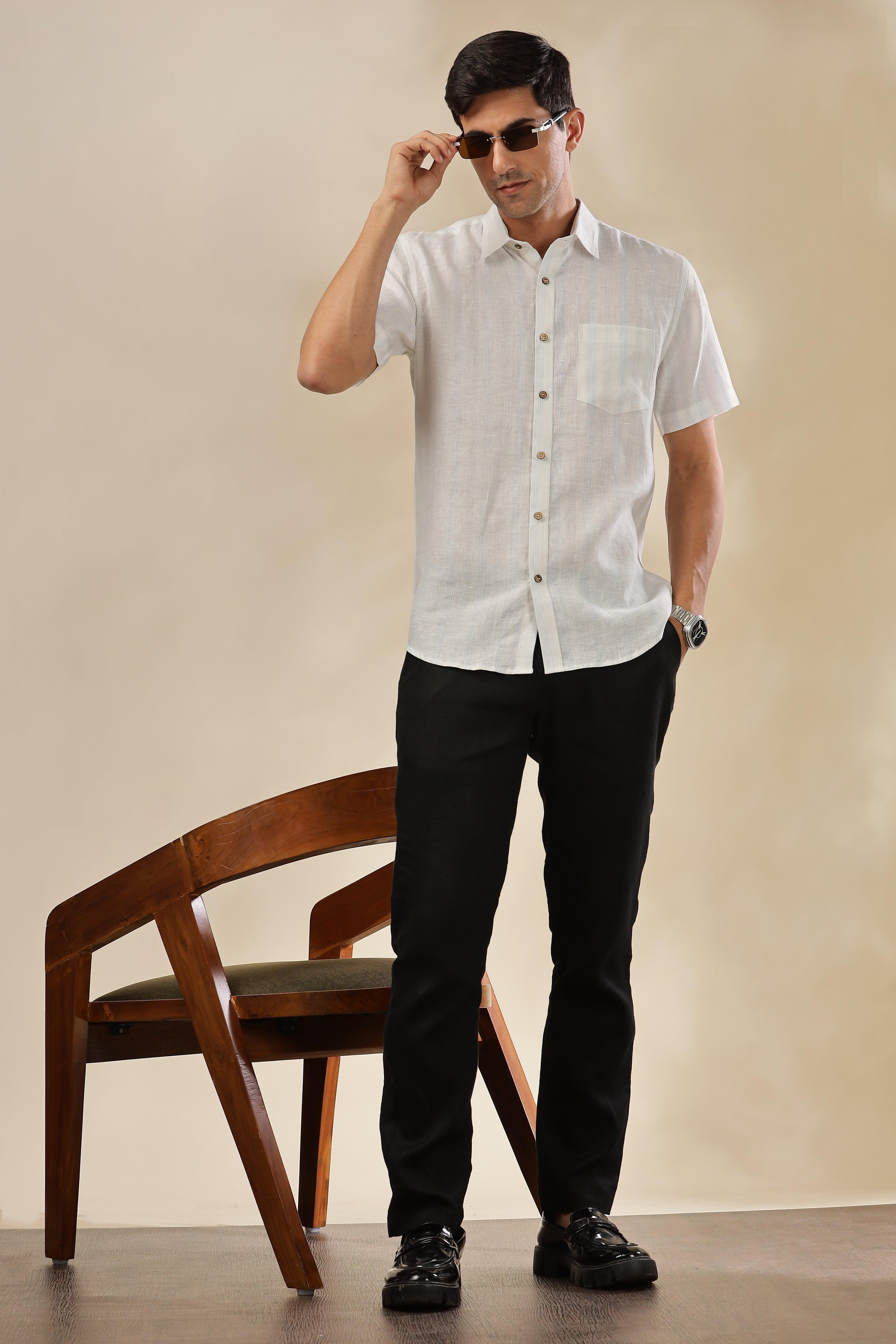 MARK - Everyday Essential 100 % Pure Linen Blue & Grey Stripe Shirt Short Sleeves