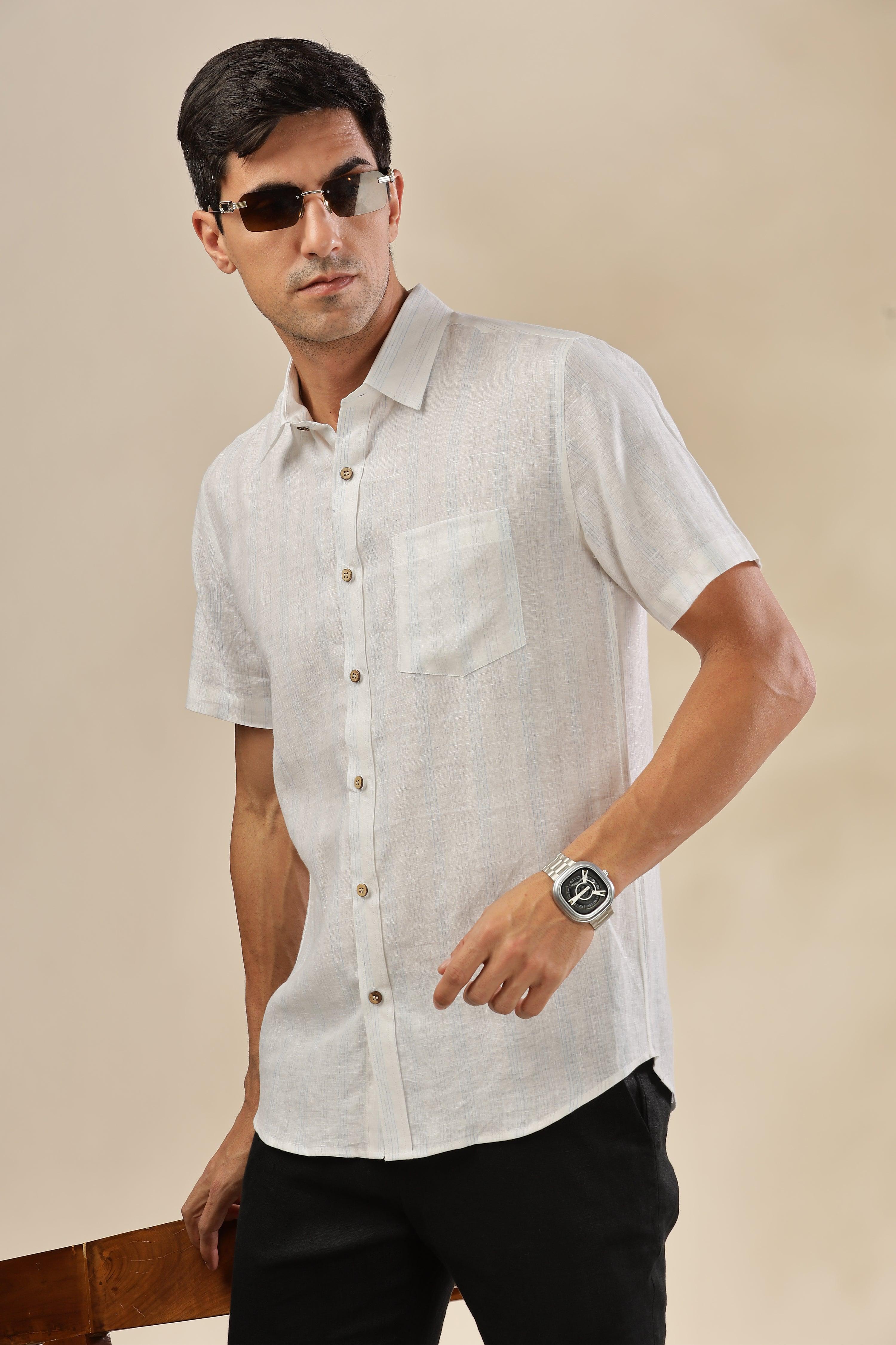 MARK - Everyday Essential 100 % Pure Linen Blue & Grey Stripe Shirt Short Sleeves