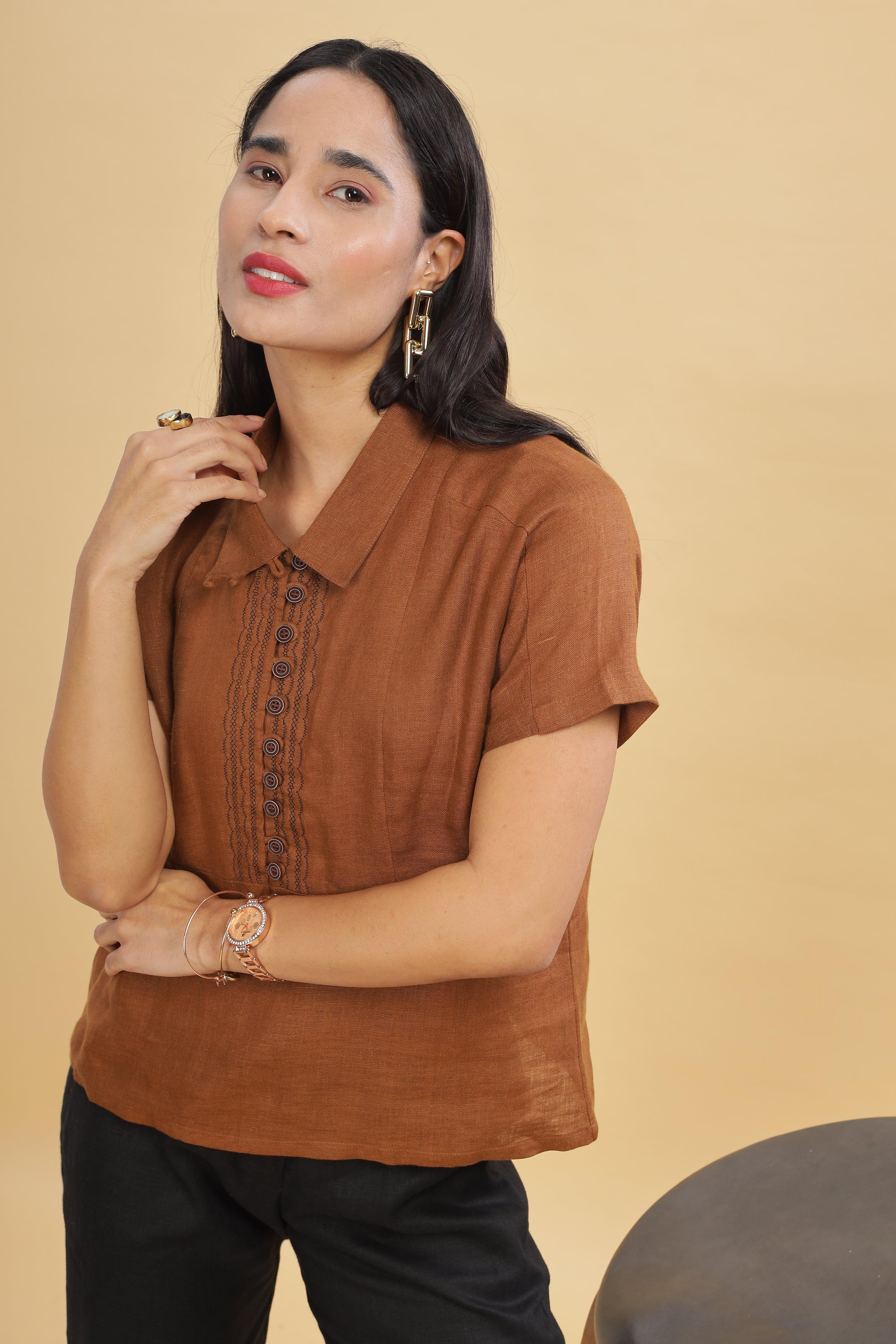 MIA - Pure Linen Embroidery Coffee Brown Top