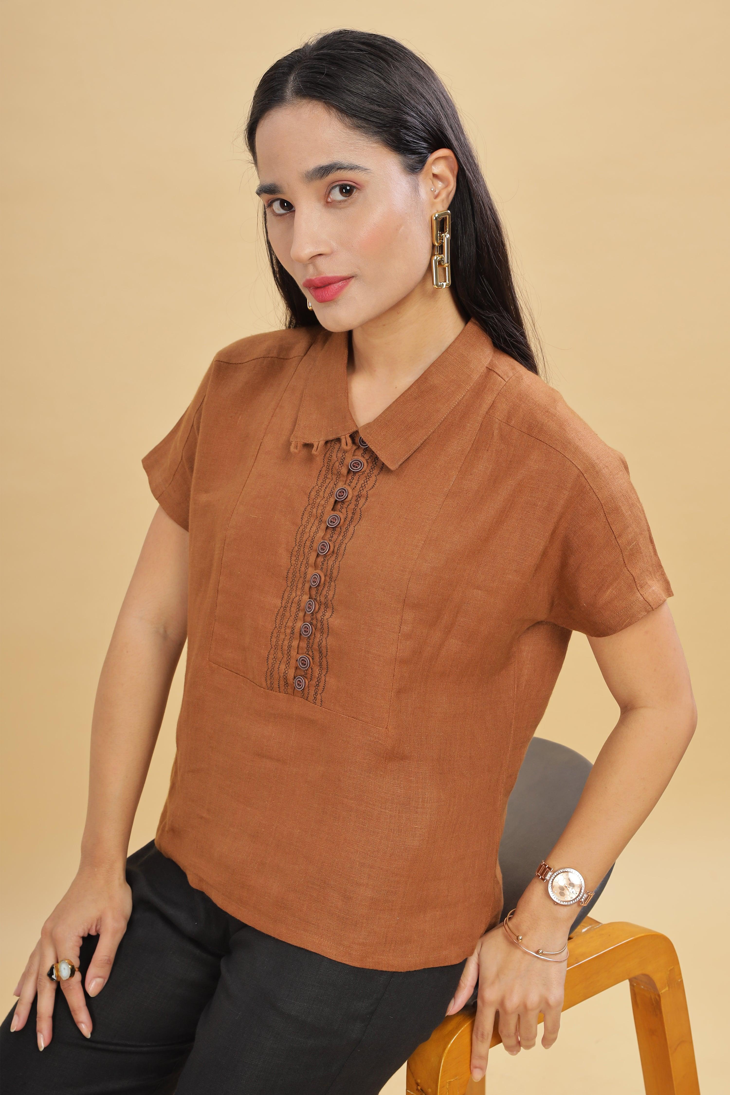 MIA - Pure Linen Embroidery Coffee Brown Top