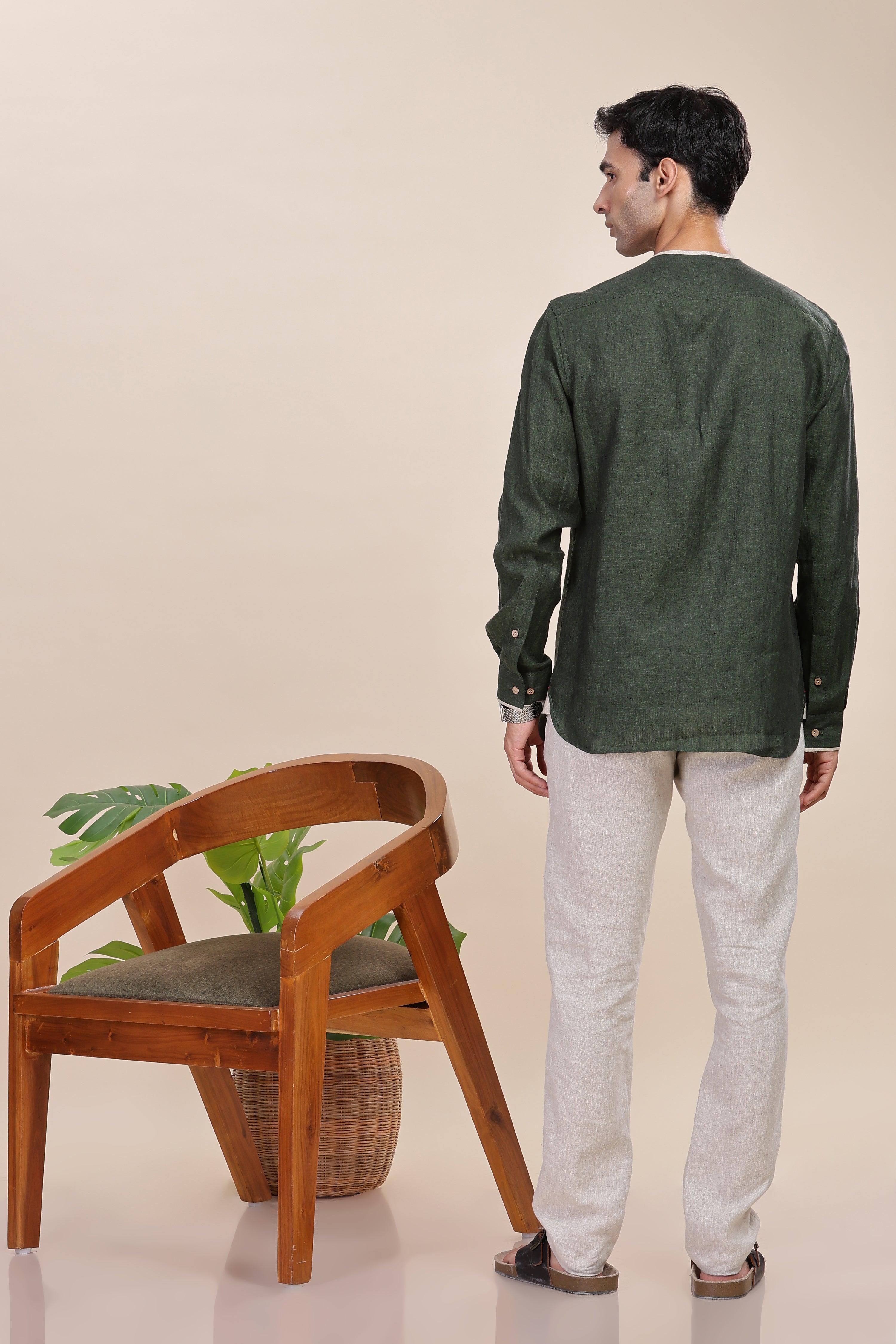 XAVI - Timeless Elegance Pure Linen Dark Green Chambray Shirt With Classic Round Neck