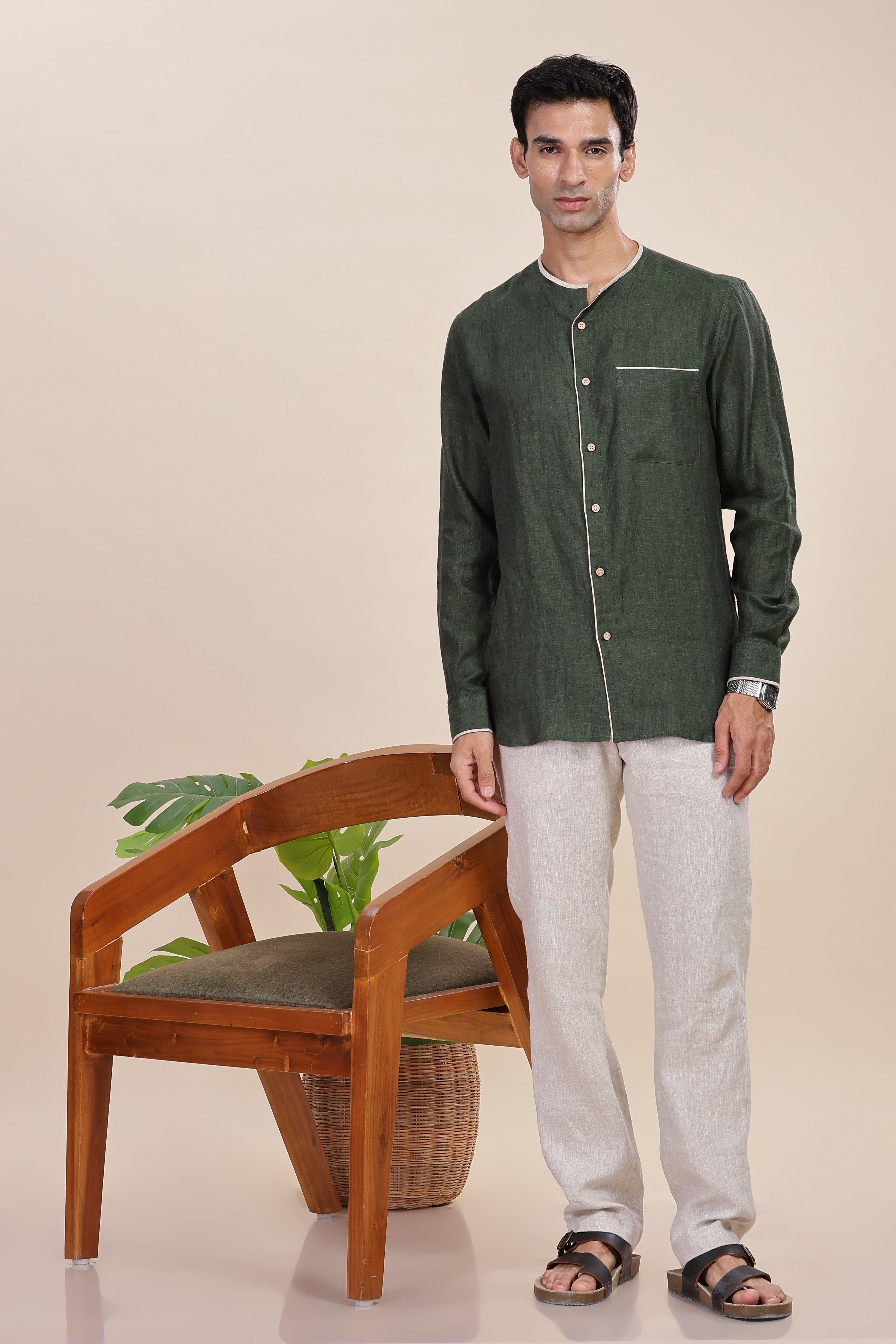 XAVI - Timeless Elegance Pure Linen Dark Green Chambray Shirt With Classic Round Neck