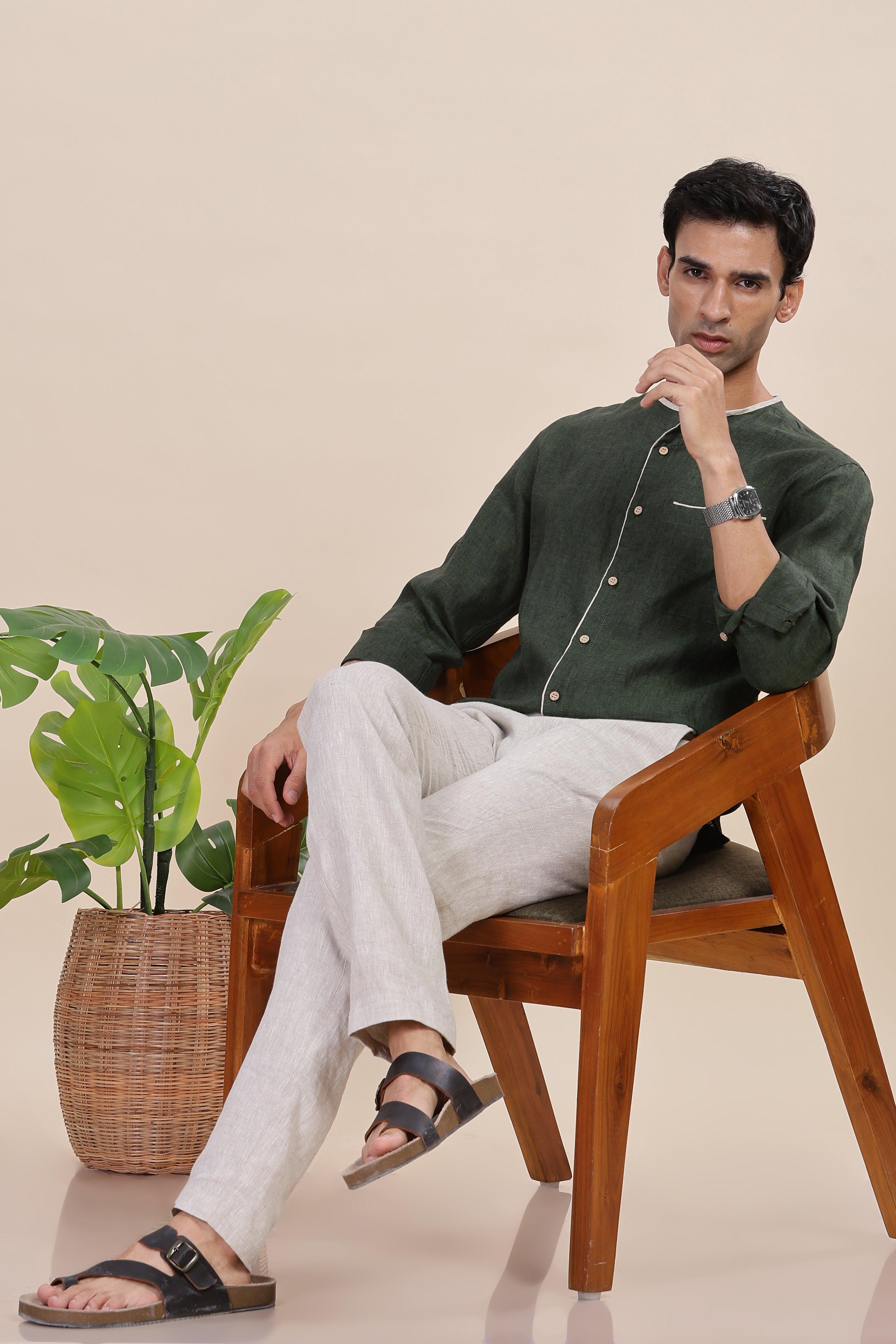 XAVI - Timeless Elegance Pure Linen Dark Green Chambray Shirt With Classic Round Neck