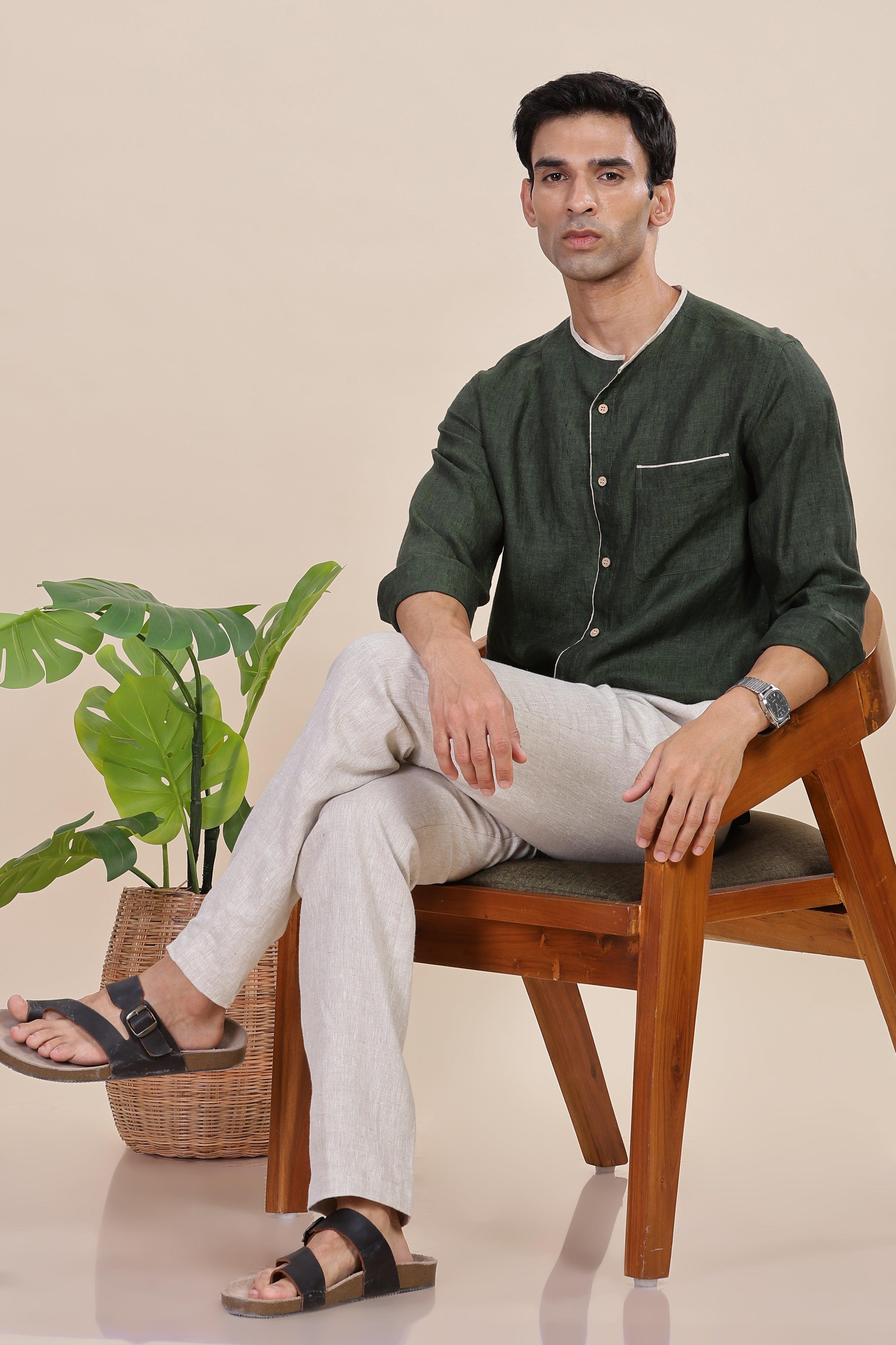 XAVI - Timeless Elegance Pure Linen Dark Green Chambray Shirt With Classic Round Neck