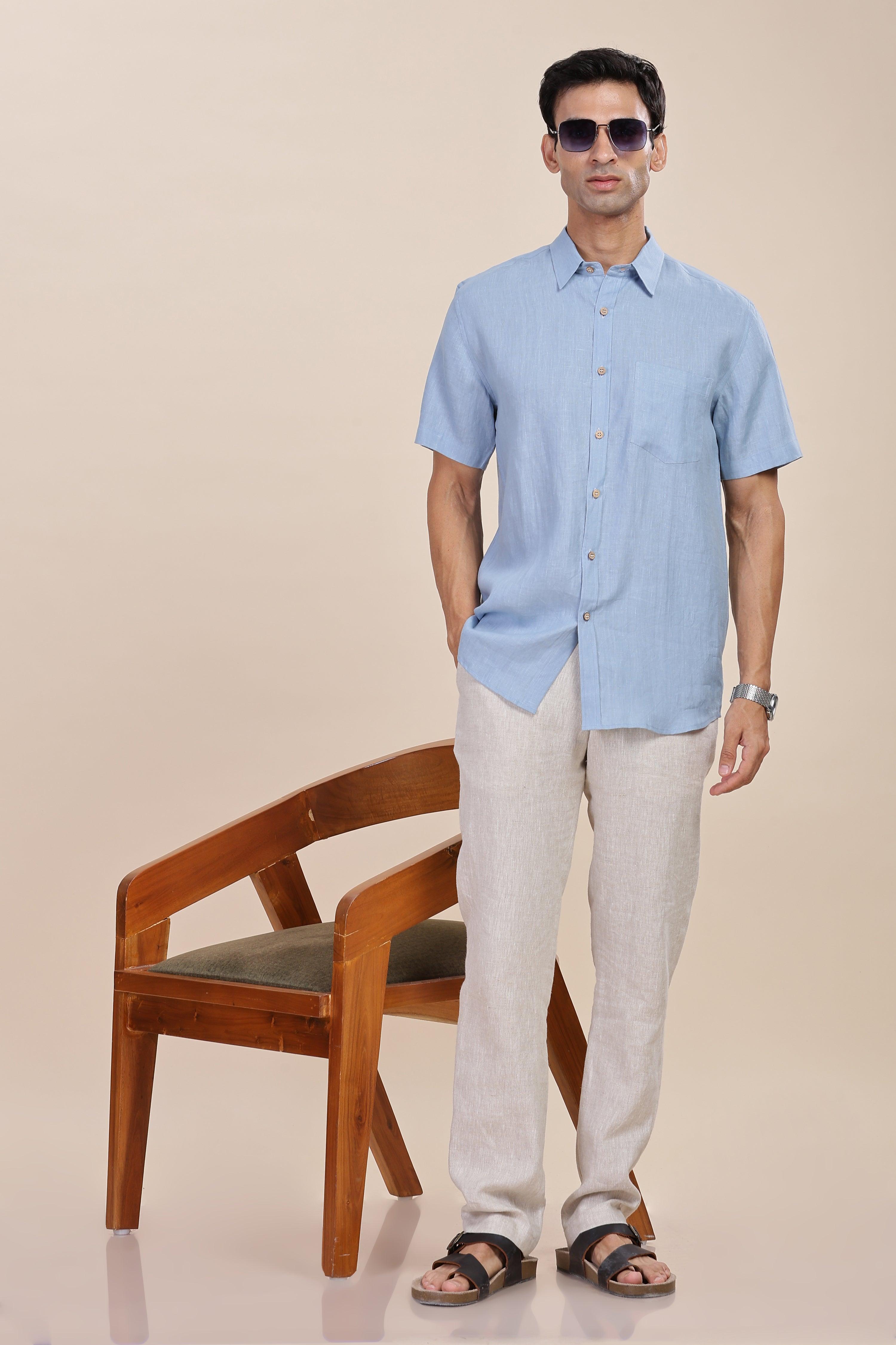 MARK Short Sleeves - 100% Pure Linen Regular Collar Light Blue Grey Shirt