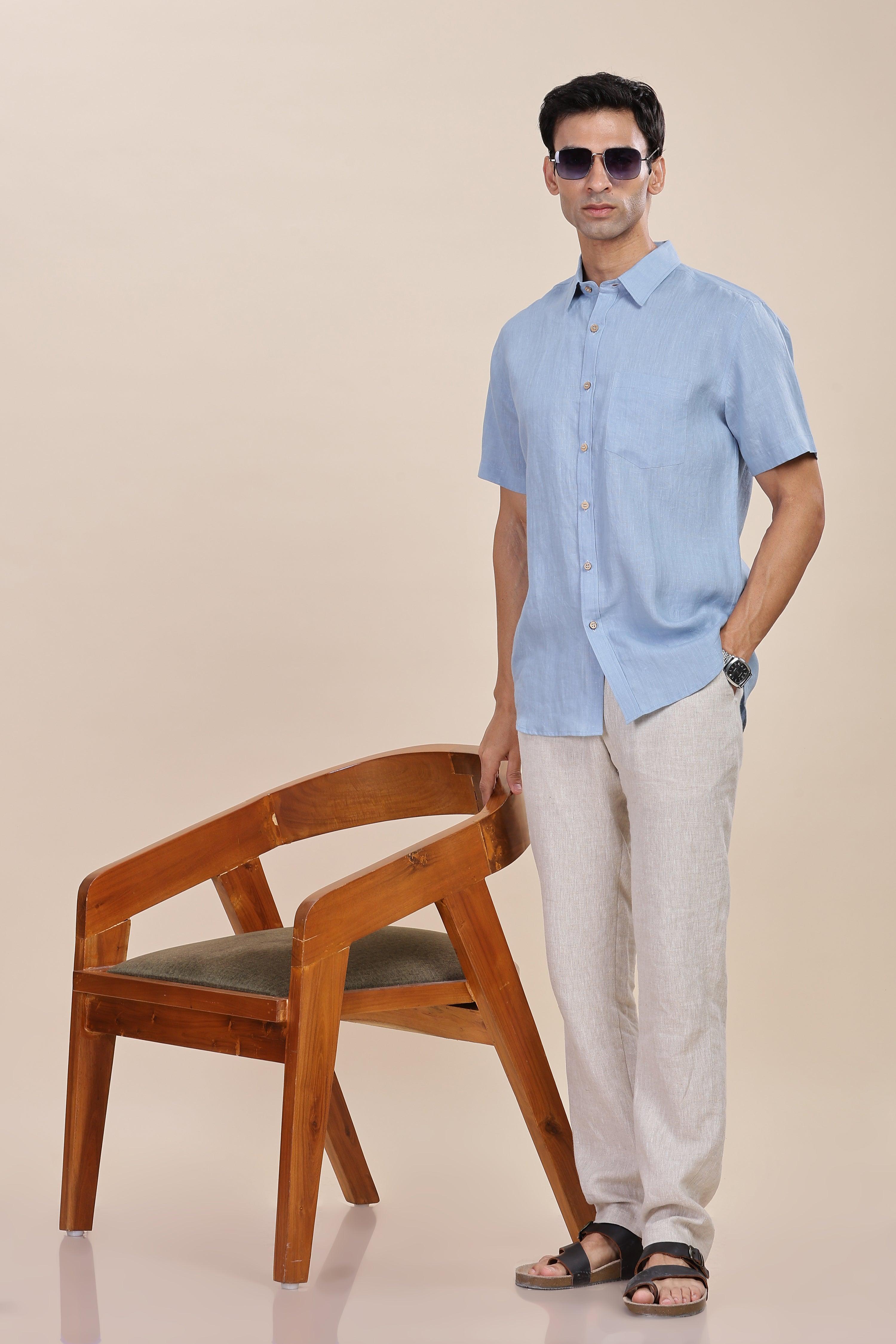 MARK Short Sleeves - 100% Pure Linen Regular Collar Light Blue Grey Shirt