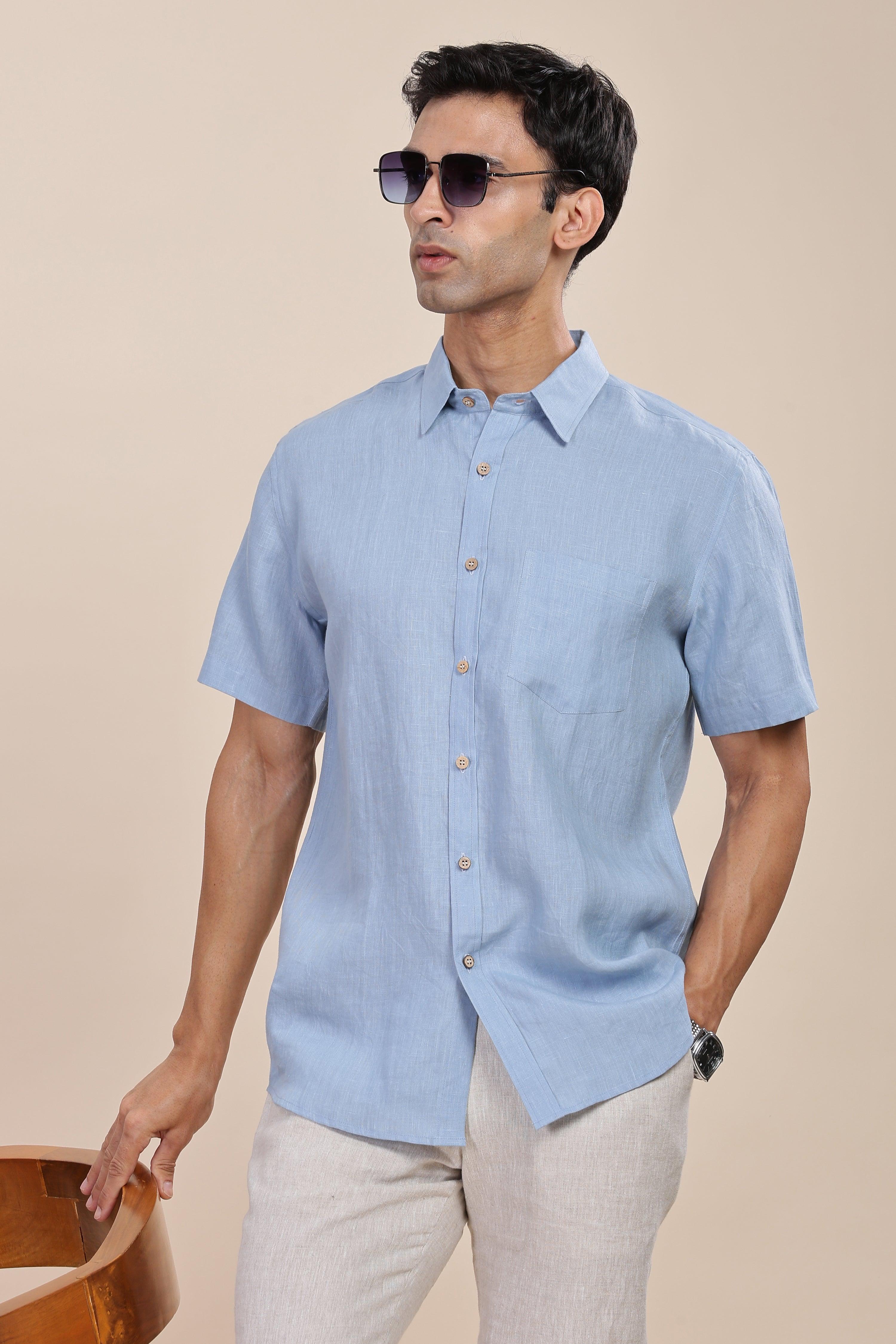 MARK Short Sleeves - 100% Pure Linen Regular Collar Light Blue Grey Shirt