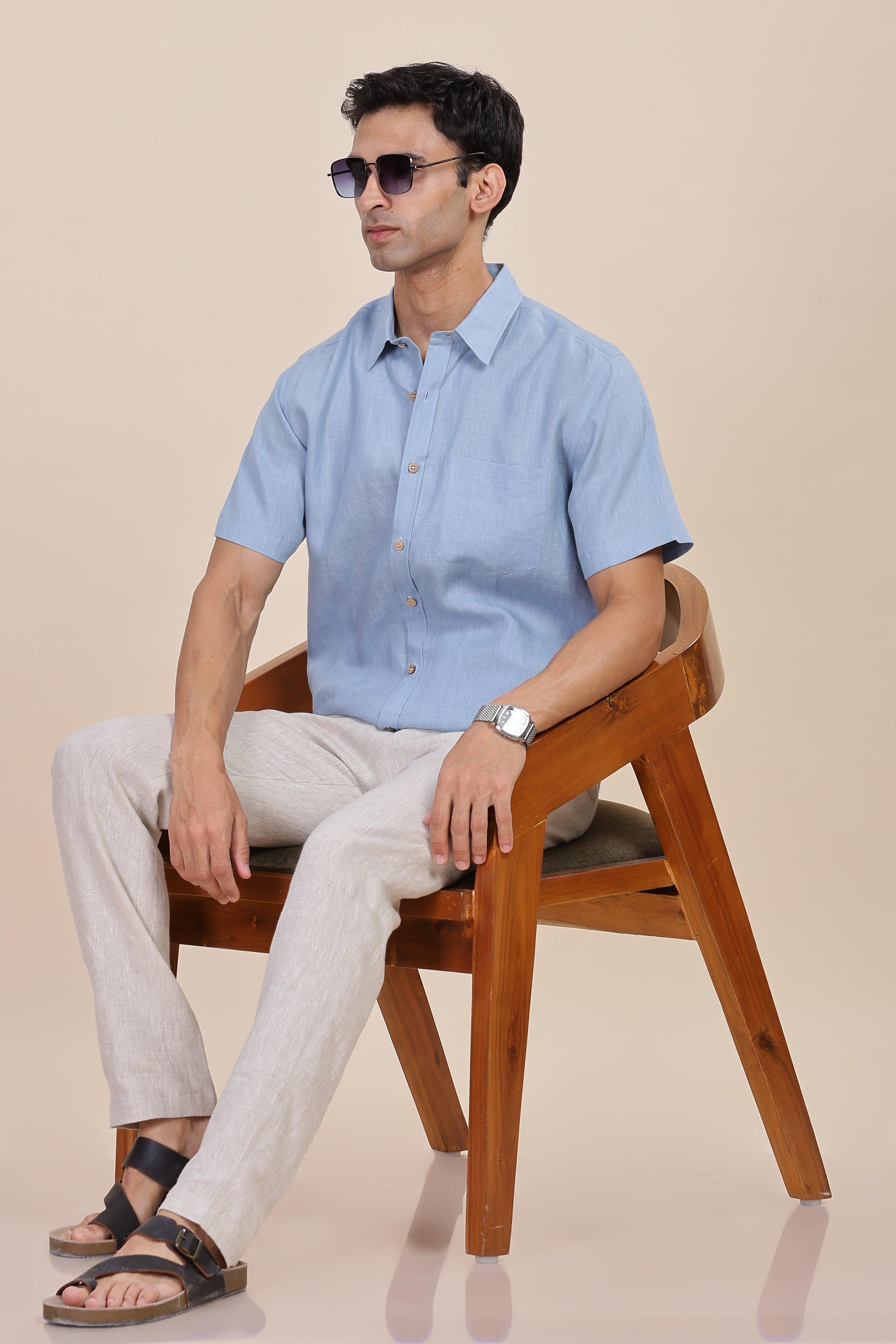 MARK Short Sleeves - 100% Pure Linen Regular Collar Light Blue Grey Shirt