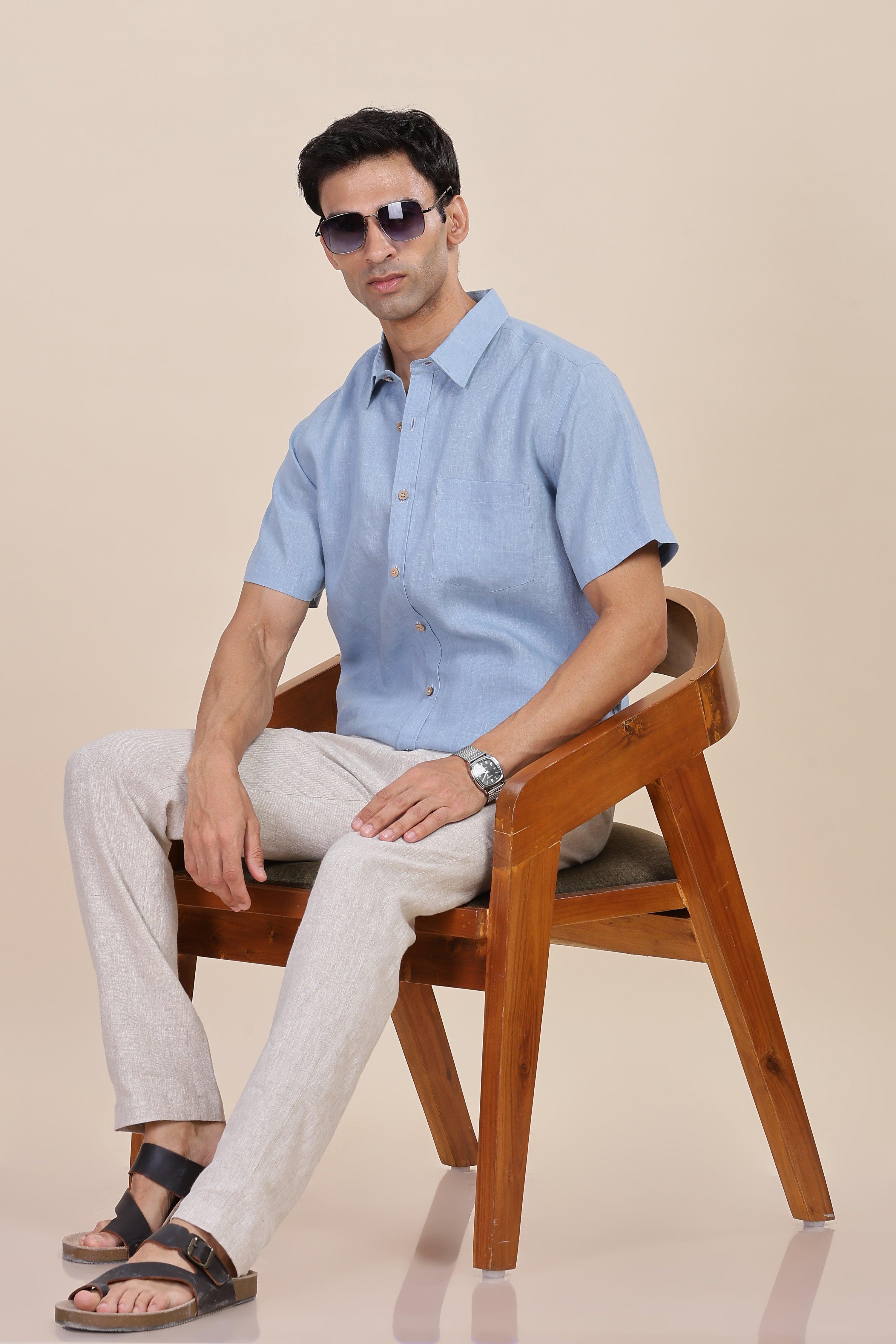 MARK Short Sleeves - 100% Pure Linen Regular Collar Light Blue Grey Shirt