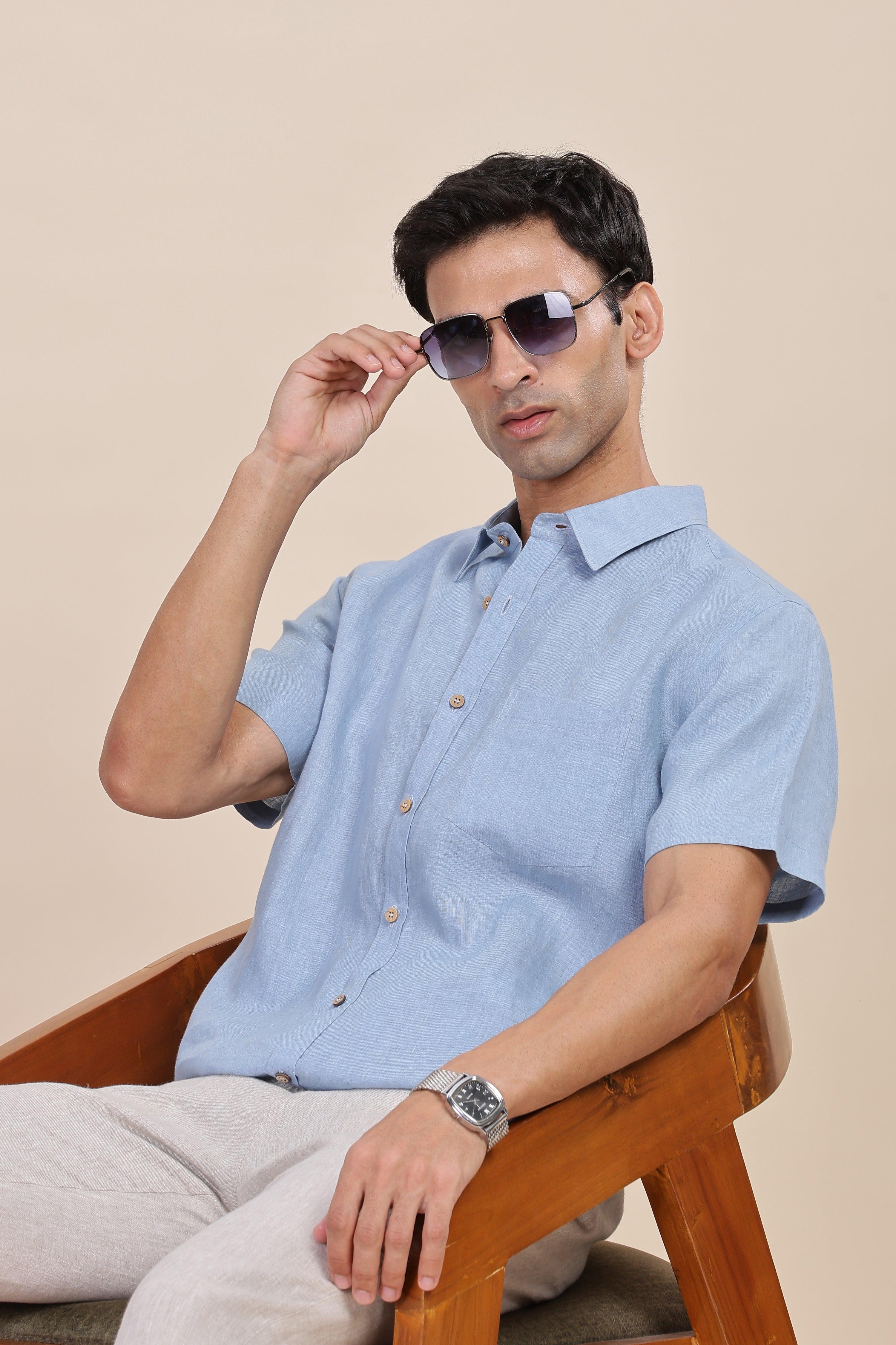 MARK Short Sleeves - 100% Pure Linen Regular Collar Light Blue Grey Shirt