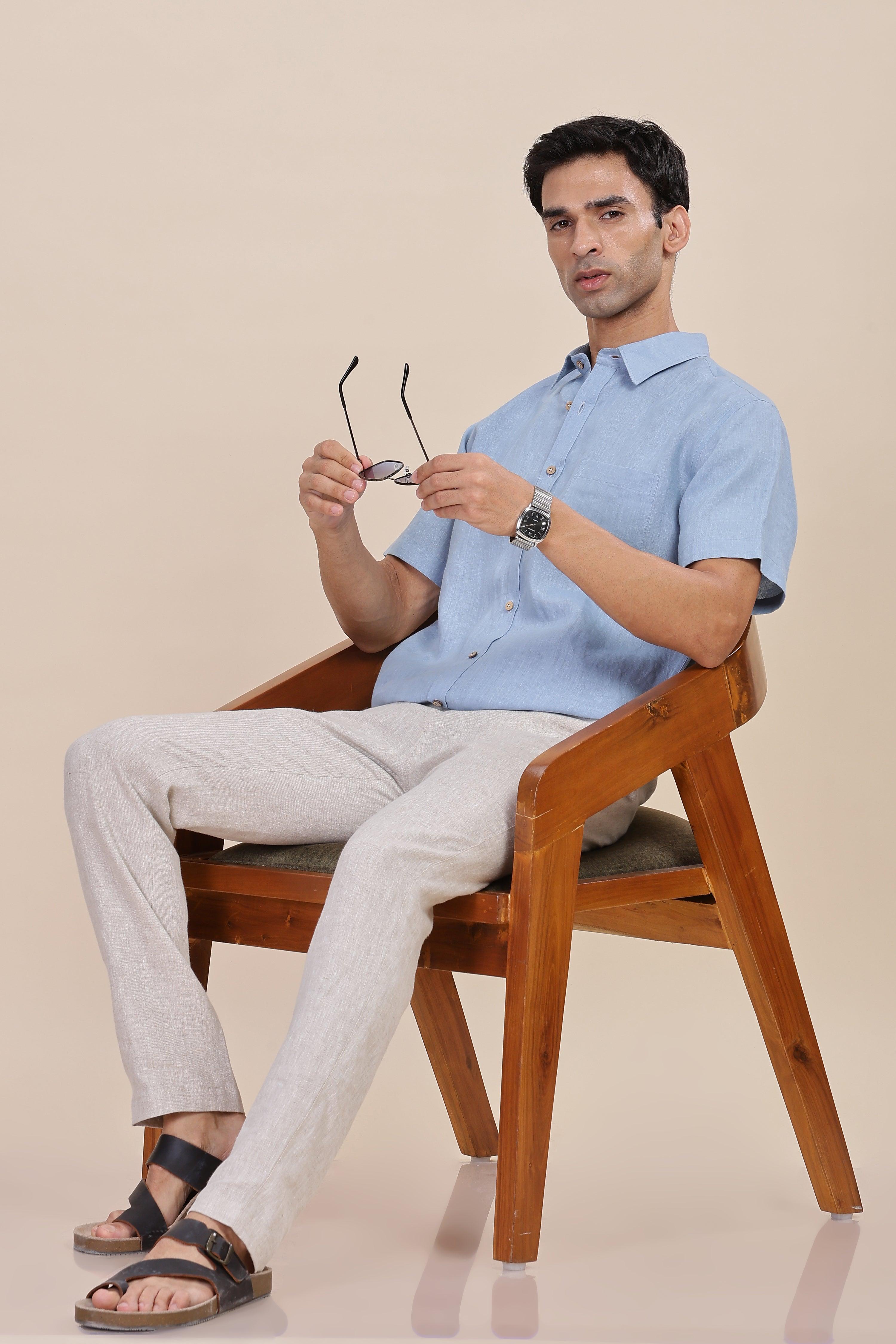 MARK Short Sleeves - 100% Pure Linen Regular Collar Light Blue Grey Shirt