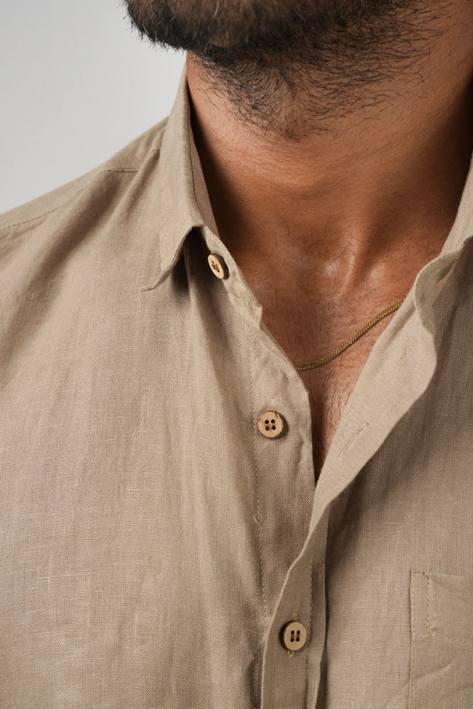 Brown (Taupe) 100% Pure Linen - Full Sleeves - Regular collar shirt