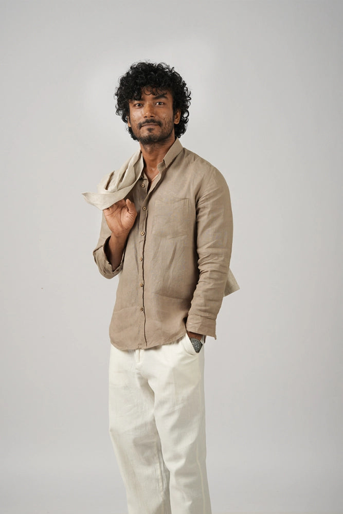 Brown (Taupe) 100% Pure Linen - Full Sleeves - Regular collar shirt