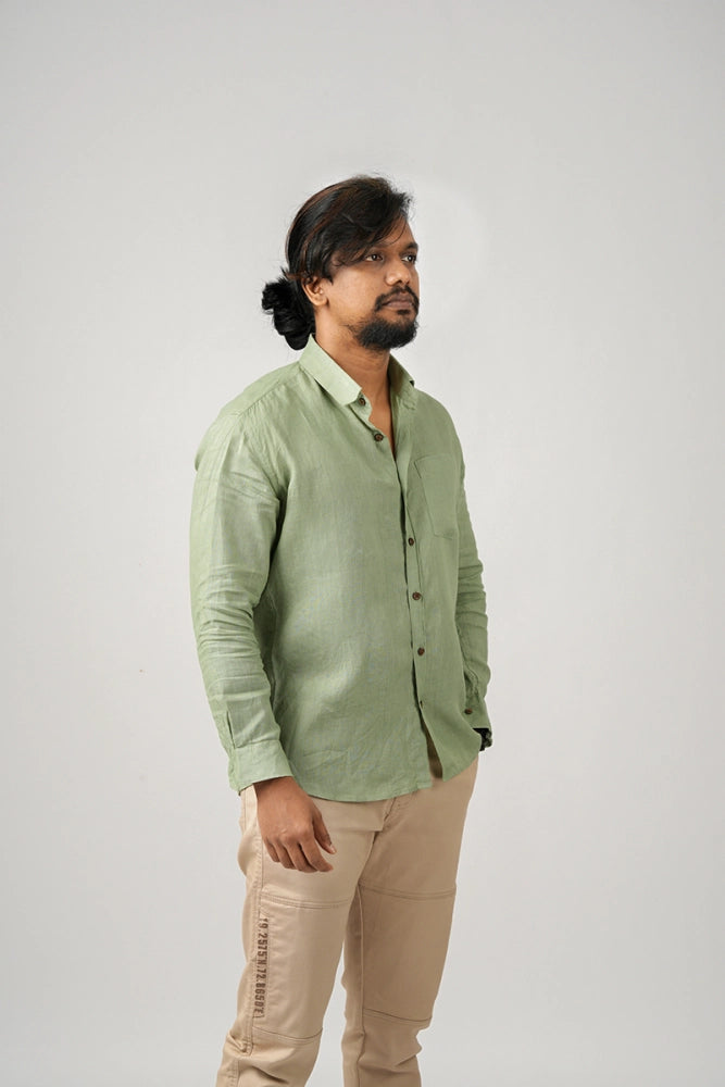 Green (Meadow Olive Dust) - 100% Pure Linen - Full Sleeves - Regular collar shirt - MARK