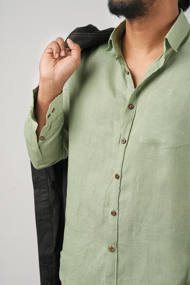 Green (Meadow Olive Dust) - 100% Pure Linen - Full Sleeves - Regular collar shirt - MARK