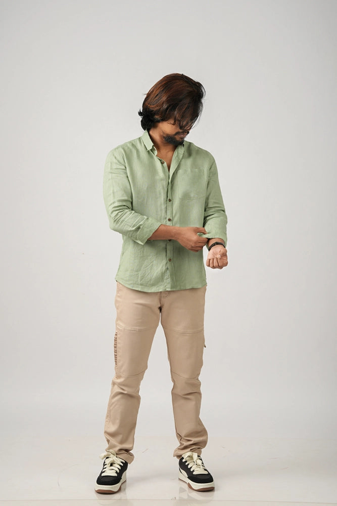 Green (Meadow Olive Dust) - 100% Pure Linen - Full Sleeves - Regular collar shirt