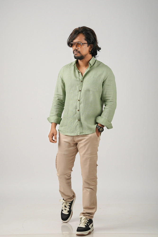 Green (Meadow Olive Dust) - 100% Pure Linen - Full Sleeves - Regular collar shirt