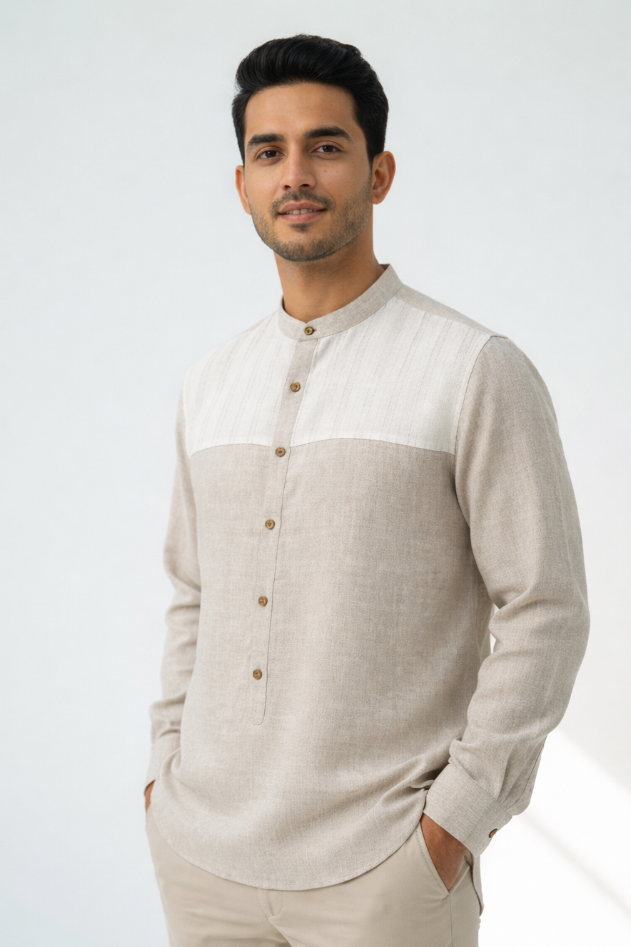 Arlo Men’s Beige Shirt with Grey & Yellow Striped Yoke Full sleeves with Mandarin collar