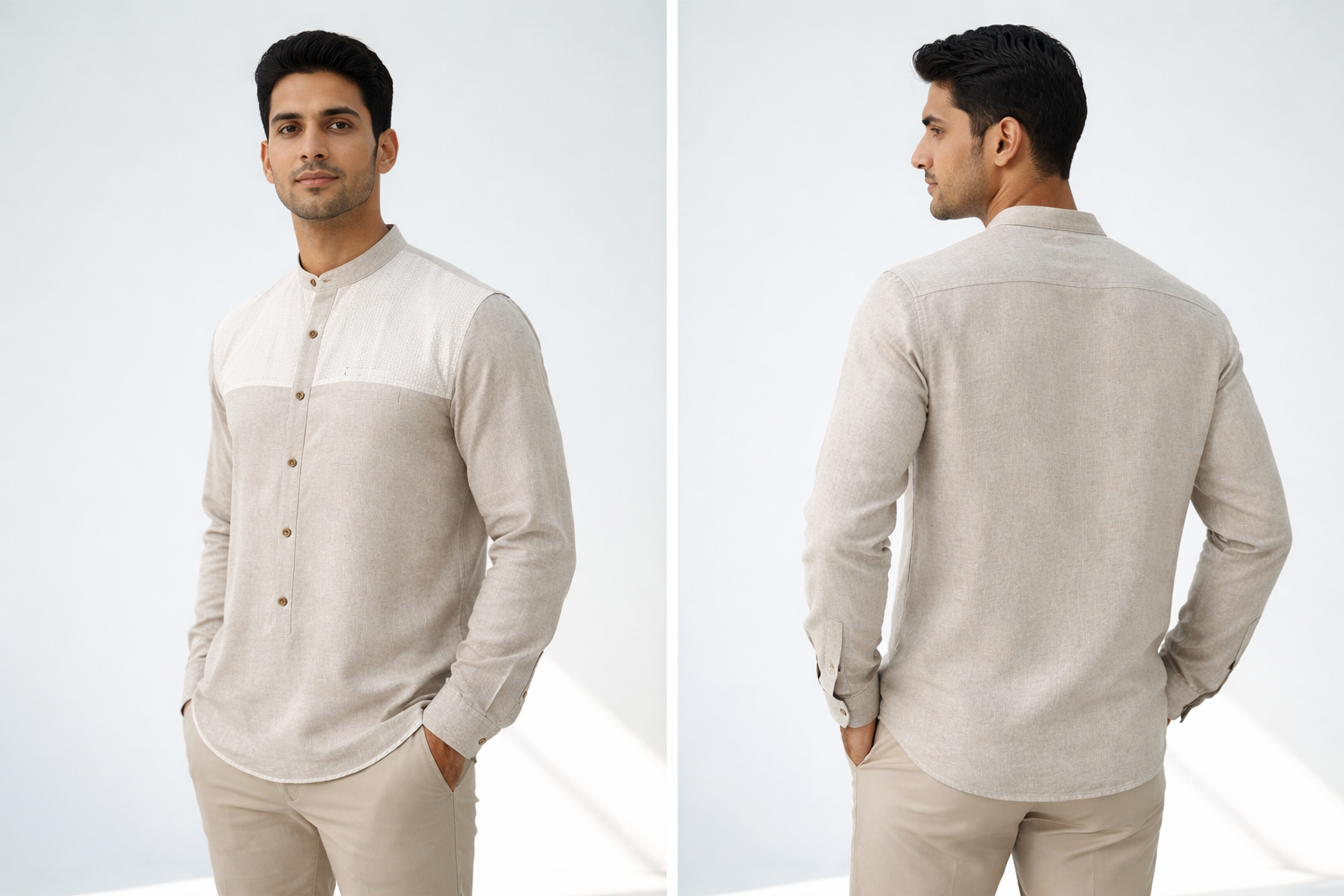 Arlo Men’s Beige Shirt with Grey & Yellow Striped Yoke Full sleeves with Mandarin collar