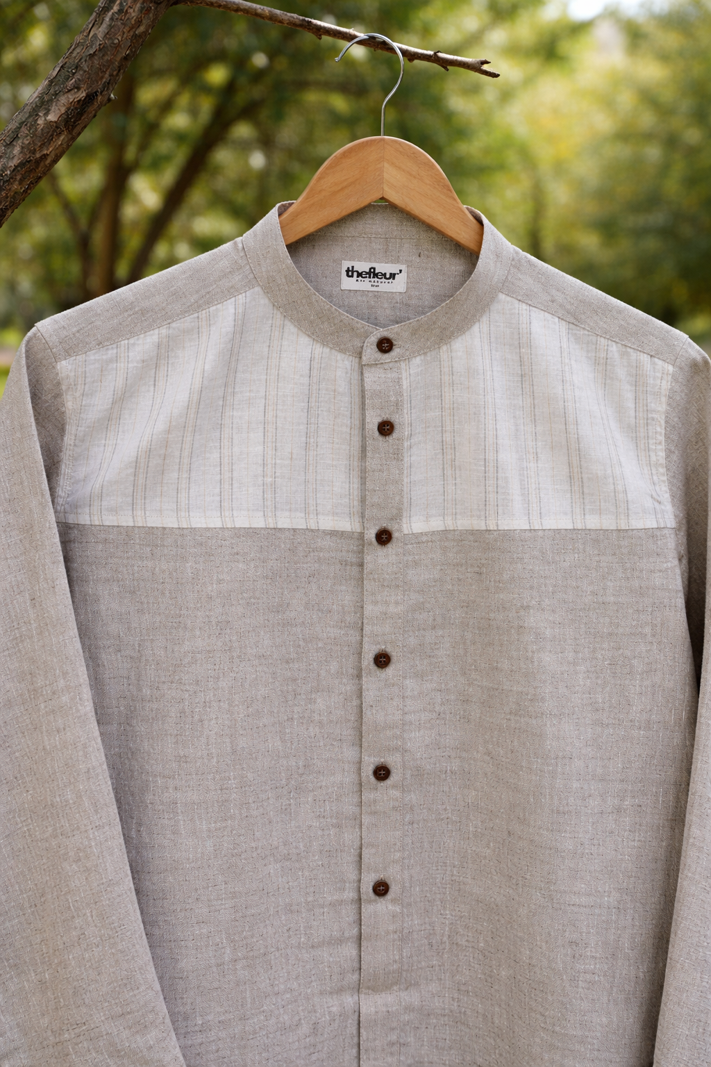 Arlo Men’s Beige Shirt with Grey & Yellow Striped Yoke Full sleeves with Mandarin collar