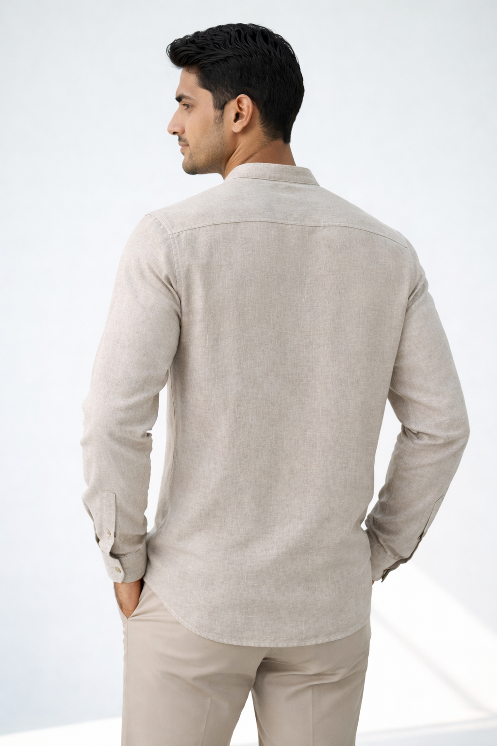 Arlo Men’s Beige Shirt with Grey & Yellow Striped Yoke Full sleeves with Mandarin collar